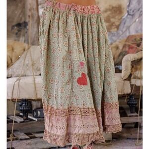 Magnolia Pearl Floral Lace Long Skirt Green+ Orange Heart Patchwork Bohemian NWT